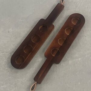 Set of 2 Wood “Flight” Boards with Leather Loop and 4 Holes for Glass